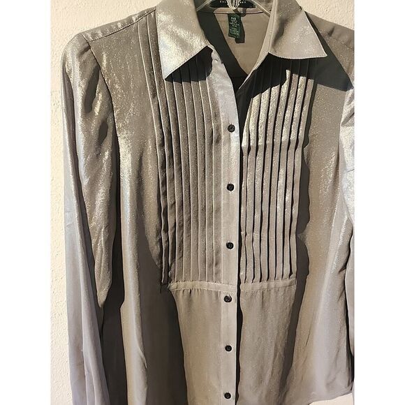 Lauren by Ralph Lauren Gray Shiney Silky Polyester Shimmer Top Extra Small XS - Picture 2 of 6